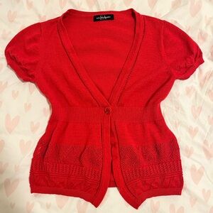 red vintage pointelle stitch short-sleeve cardigan (by Eric Alexandre)